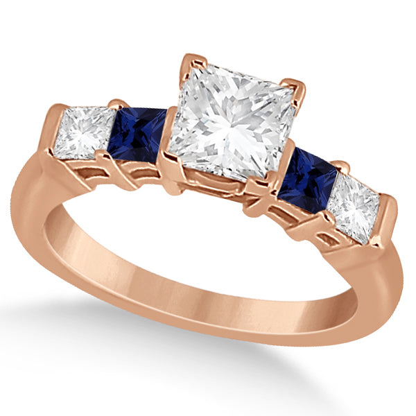 5 Stone Princess Diamond & Sapphire Engagement Ring 14K R. Gold 0.46ct