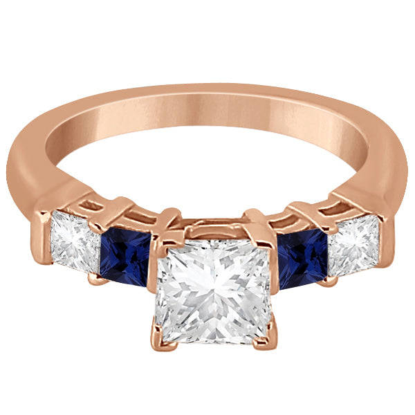 5 Stone Princess Diamond & Sapphire Engagement Ring 14K R. Gold 0.46ct