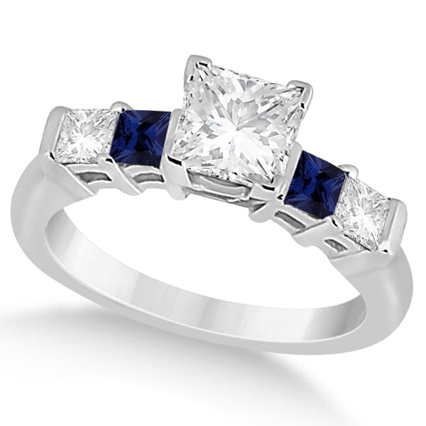 5 Stone Princess Diamond & Sapphire Engagement Ring 18K W. Gold 0.46ct