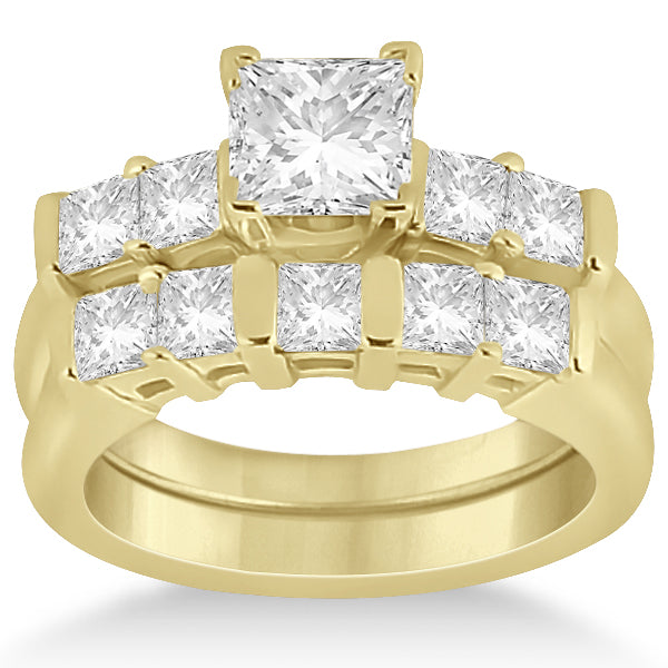 Five Stone Princess Cut Diamond Bridal Set 14K Yellow Gold (0.90ct)