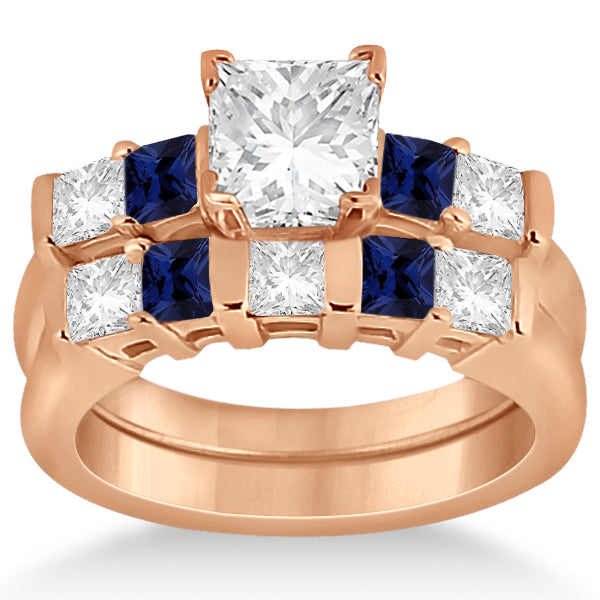 5 Stone Diamond & Blue Sapphire Bridal Set 14K Rose Gold 1.02ct
