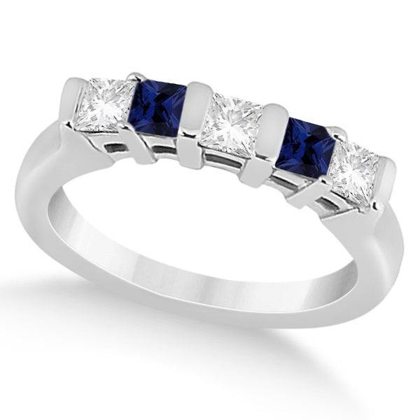 5 Stone Diamond & Blue Sapphire Bridal Set Platinum 1.02ct