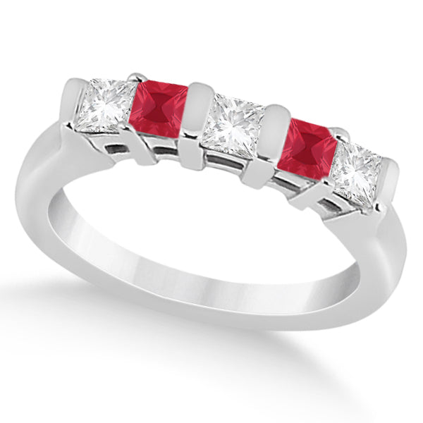 5 Stone Princess Diamond & Ruby Bridal Ring Set 14K White Gold 1.02ct