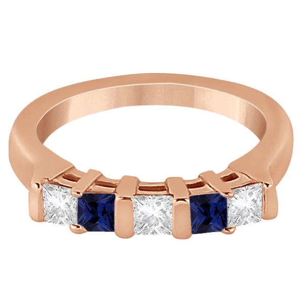 5 Stone Diamond & Blue Sapphire Princess Ring 14K Rose Gold 0.56ct