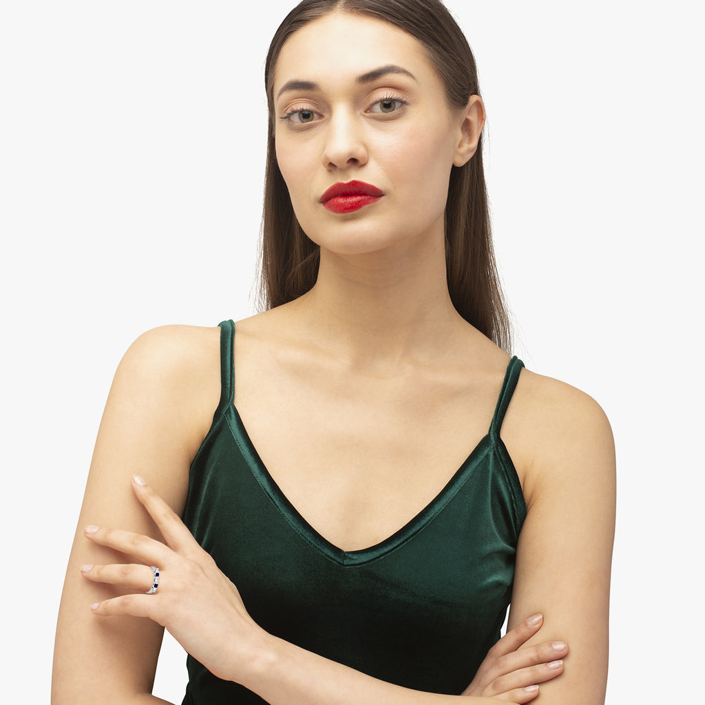 5 Stone Diamond & Blue Sapphire Princess Ring 14K White Gold 0.56ct