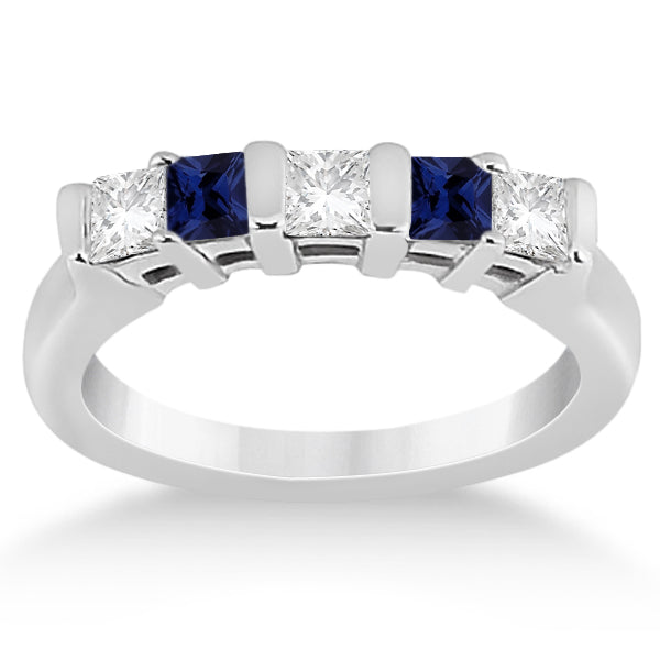 5 Stone Diamond & Blue Sapphire Princess Ring 18K White Gold 0.56ct