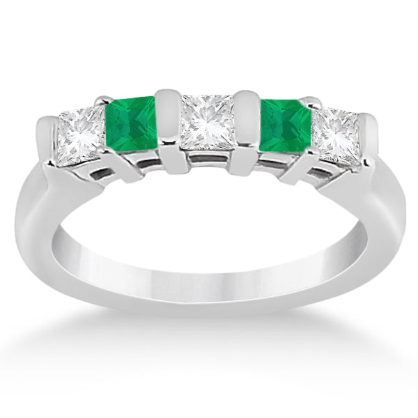 5 Stone Diamond & Green Emerald Princess Ring 14K White Gold 0.56ct