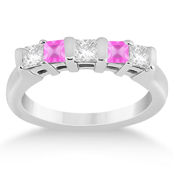 5 Stone Diamond & Pink Sapphire Princess Ring 14K White Gold 0.56ct
