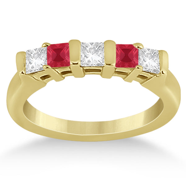5 Stone Princess Diamond & Ruby Wedding Band 18K Yellow Gold 0.56ct