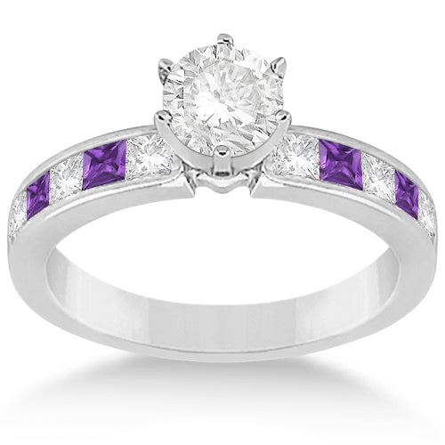 Channel Amethyst & Diamond Engagement Ring 14k White Gold (0.60ct)