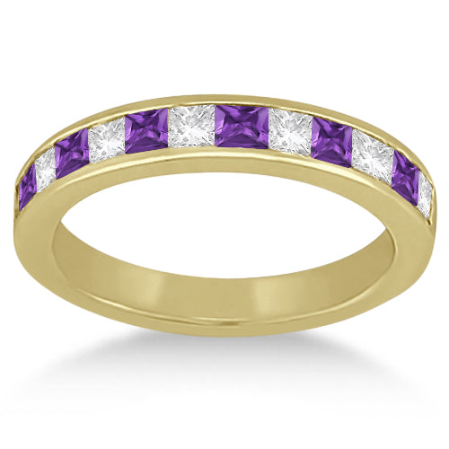 Channel Amethyst & Diamond Wedding Ring 14k Yellow Gold (0.70ct)