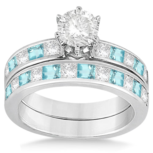 Channel Aquamarine & Diamond Bridal Set 14k White Gold (1.30ct)