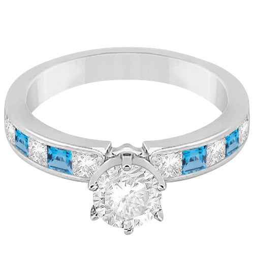 Channel Blue Topaz & Diamond Engagement Ring 14k White Gold (0.60ct)