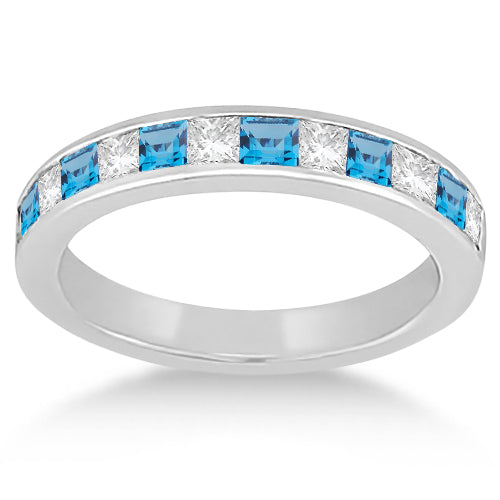 Channel Blue Topaz & Diamond Wedding Ring 14k White Gold (0.70ct)