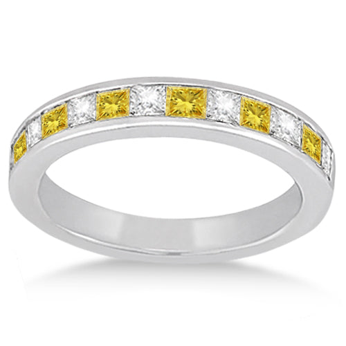 Channel Set Princess White & Yellow Diamond Wedding Band Platinum 0.60ct