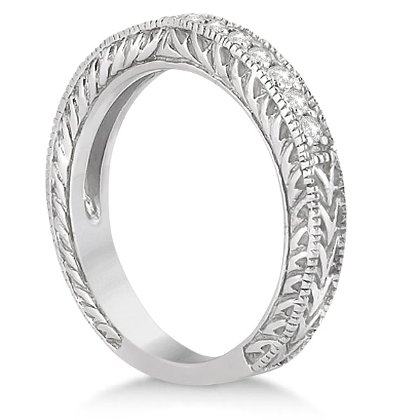 Vintage Style Filigree Diamond Wedding Band 14k White Gold (0.19ct)