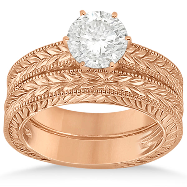 Vintage Carved Filigree Solitaire Bridal Set in 14k Rose Gold