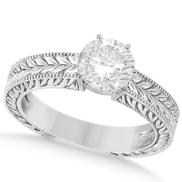 Vintage Carved Filigree Solitaire Bridal Set in 14k White Gold