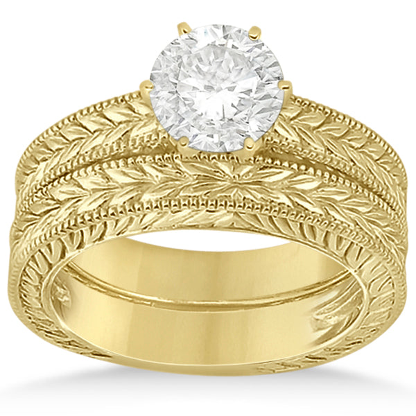 Vintage Carved Filigree Solitaire Bridal Set in 14k Yellow Gold