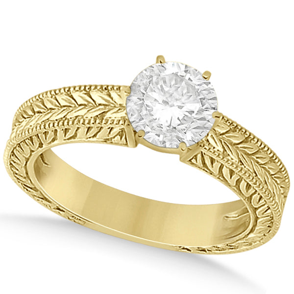 Vintage Carved Filigree Solitaire Bridal Set in 14k Yellow Gold