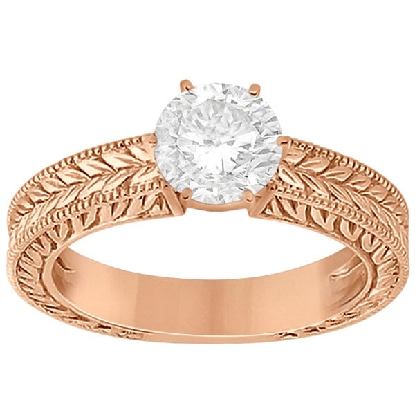 Vintage Carved Filigree Solitaire Bridal Set in 18k Rose Gold