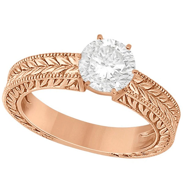 Vintage Carved Filigree Solitaire Bridal Set in 18k Rose Gold