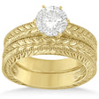 Vintage Carved Filigree Solitaire Bridal Set in 18k Yellow Gold