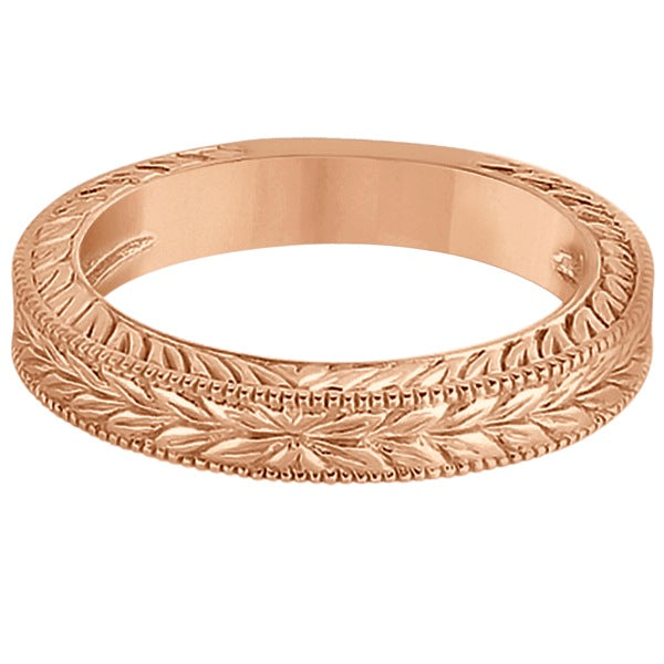 Vintage Carved Filigree Leaf Design Wedding Band in 14k Rose Gold