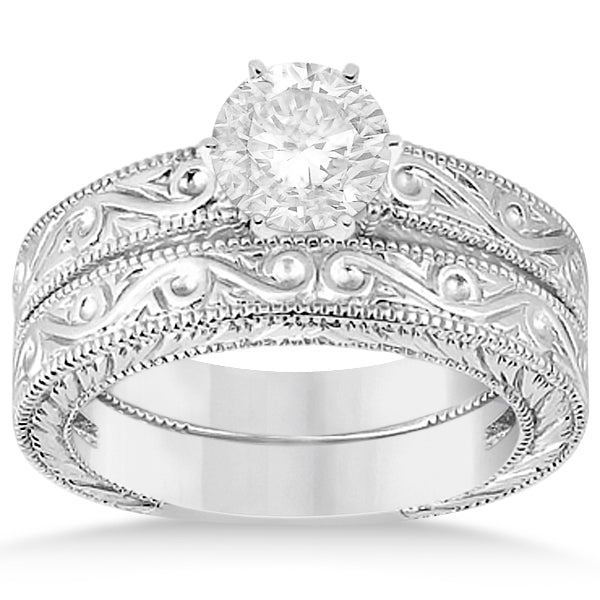 Classic Filigree Designed Solitaire Bridal Set 14K White Gold