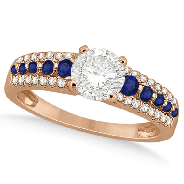 Three-Row Blue Sapphire Diamond Engagement Ring 18k Rose Gold 0.55ct