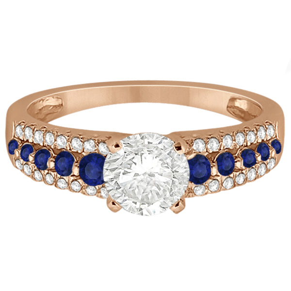 Three-Row Blue Sapphire Diamond Engagement Ring 18k Rose Gold 0.55ct