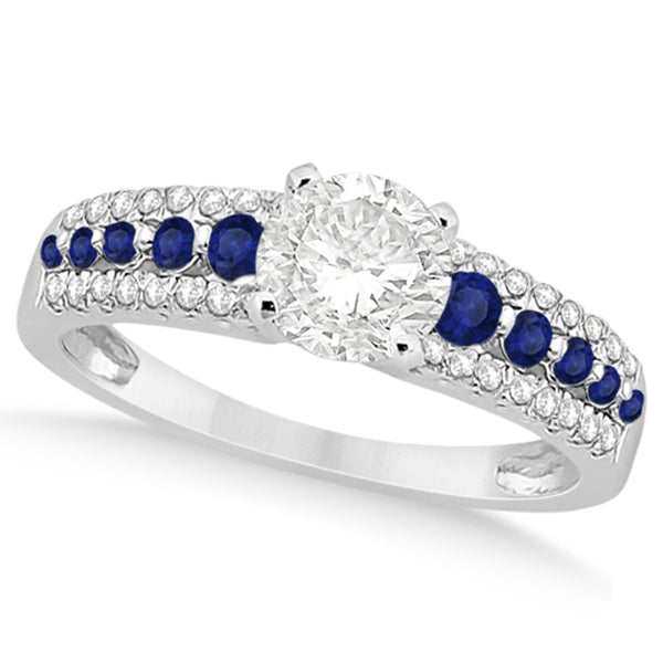 Three-Row Blue Sapphire Diamond Engagement Ring 18k White Gold 0.55ct