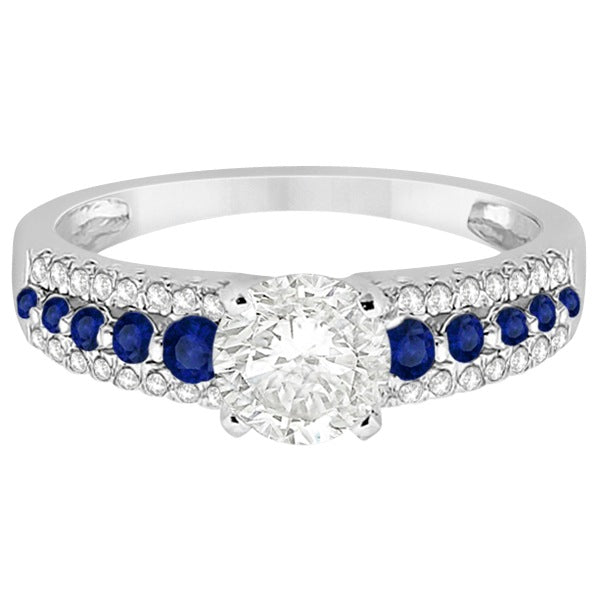 Three-Row Blue Sapphire Diamond Engagement Ring 18k White Gold 0.55ct