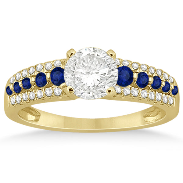 Three-Row Blue Sapphire Diamond Engagement Ring 18k Yellow Gold 0.55ct