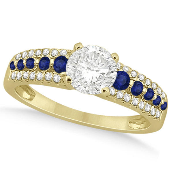 Three-Row Blue Sapphire Diamond Engagement Ring 18k Yellow Gold 0.55ct
