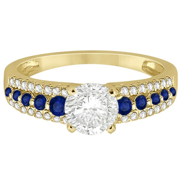 Three-Row Blue Sapphire Diamond Engagement Ring 18k Yellow Gold 0.55ct