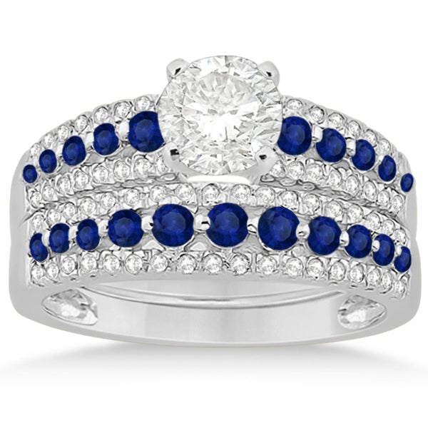 Three-Row Blue Sapphire & Diamond Bridal Set 14k White Gold (1.18ct)