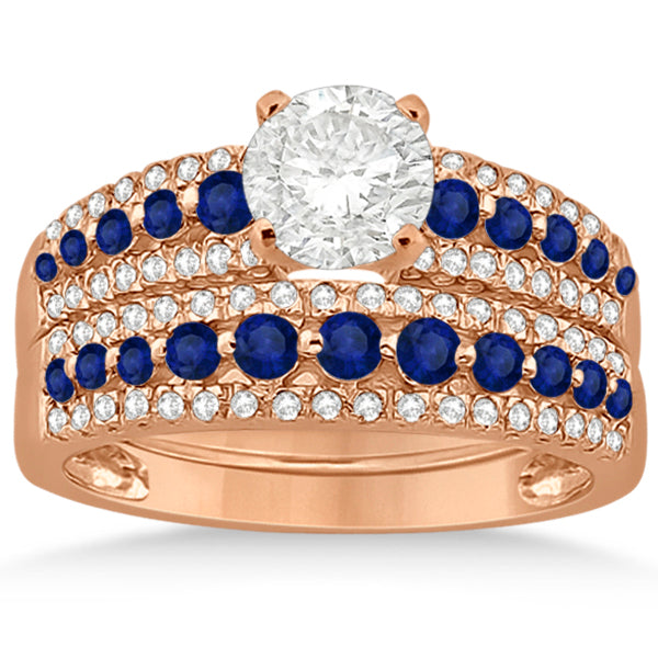 Three-Row Blue Sapphire & Diamond Bridal Set 18k Rose Gold (1.18ct)