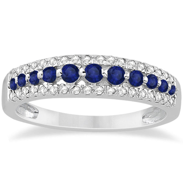 Three-Row Blue Sapphire & Diamond Wedding Band 14k White Gold 0.63ct