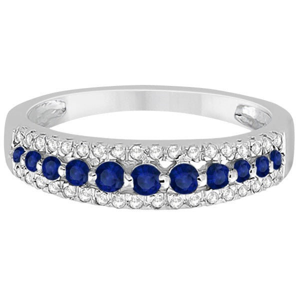 Three-Row Blue Sapphire & Diamond Wedding Band 14k White Gold 0.63ct