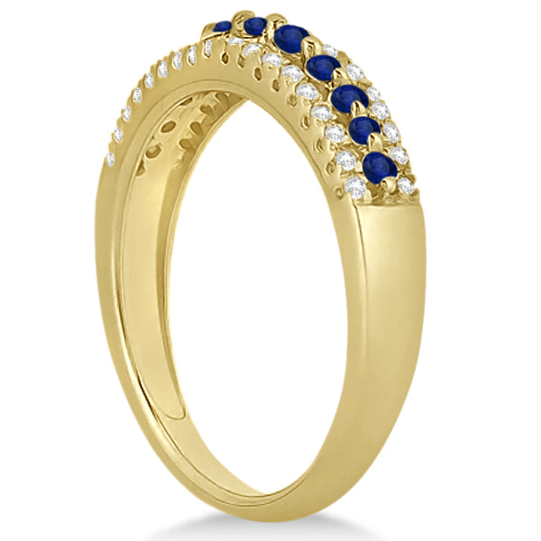 Three-Row Blue Sapphire & Diamond Wedding Band 14k Yellow Gold 0.63ct