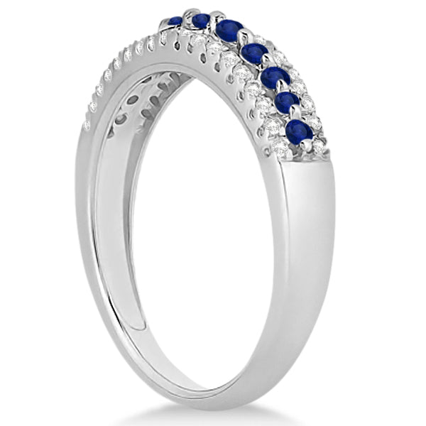 Three-Row Blue Sapphire & Diamond Wedding Band 18k White Gold 0.63ct