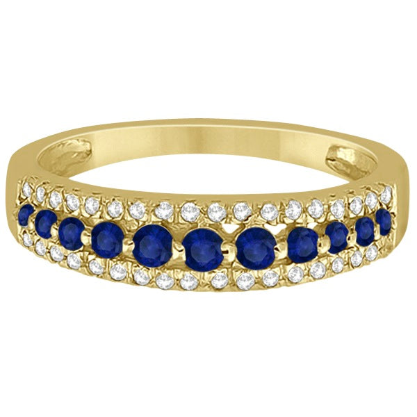 Three-Row Blue Sapphire & Diamond Wedding Band 18k Yellow Gold 0.63ct