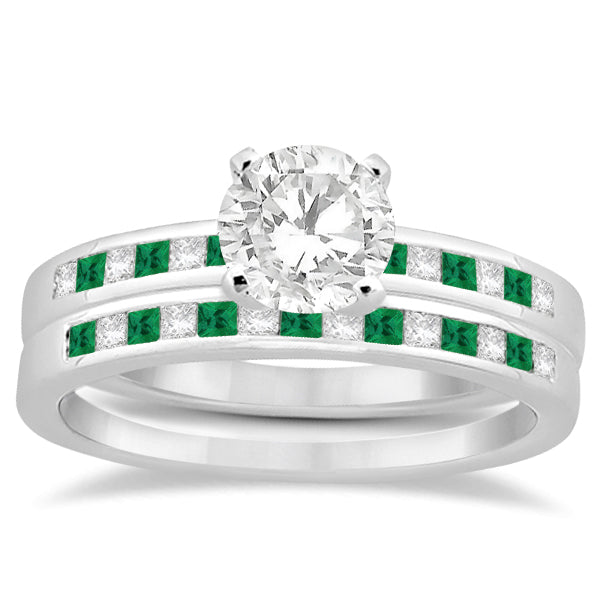 Princess Cut Diamond & Emerald Bridal Ring Set 14k White Gold (0.54ct)