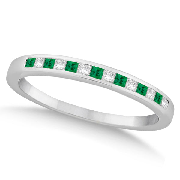 Princess Cut Diamond & Emerald Bridal Ring Set Palladium (0.54ct)