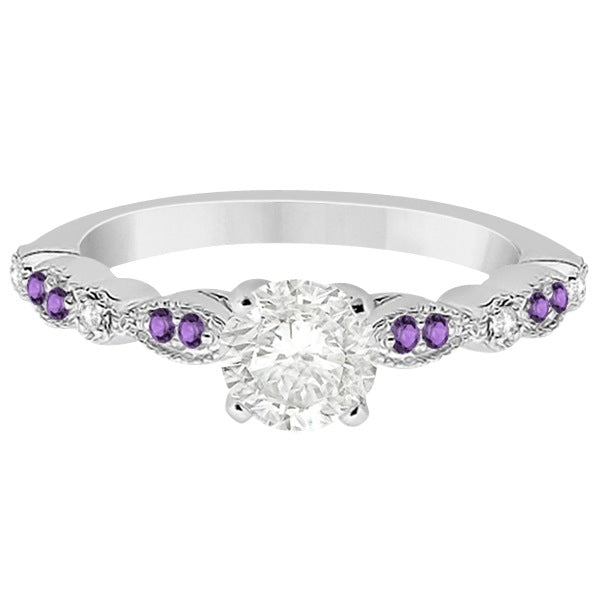 Marquise & Dot Diamond Amethyst Engagement Ring 14k White Gold 0.24ct