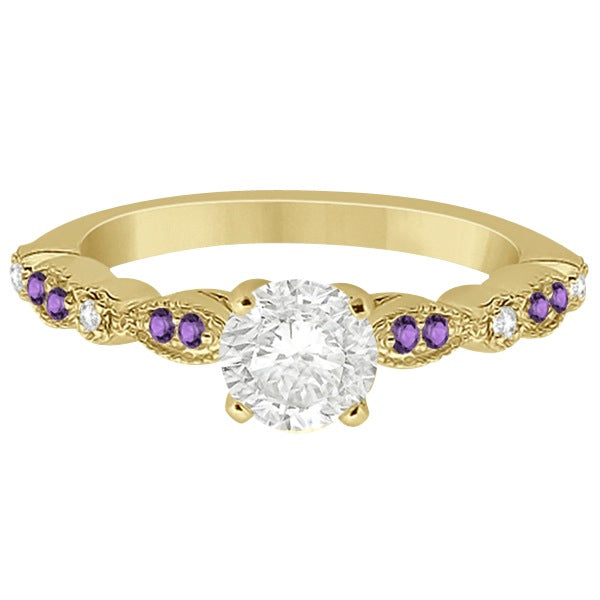 Marquise & Dot Diamond Amethyst Engagement Ring 14k Yellow Gold 0.24ct