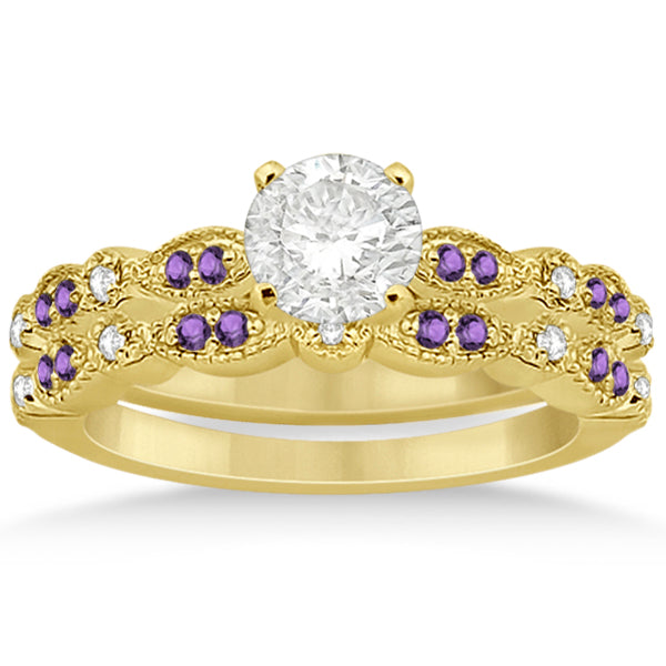 Marquise and Dot Amethyst & Diamond Bridal Set 14k Yellow Gold 0.49ct