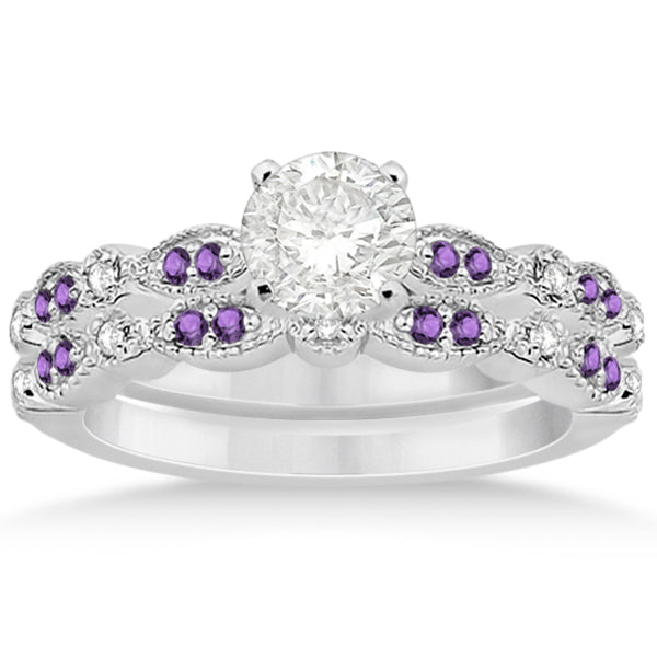 Marquise and Dot Amethyst & Diamond Bridal Set 18k White Gold 0.49ct