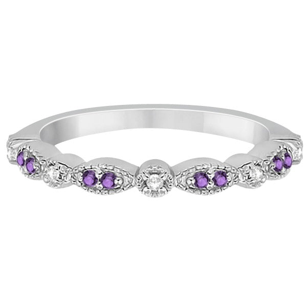 Marquise & Dot Amethyst Diamond Ring Band 14k White Gold 0.25ct